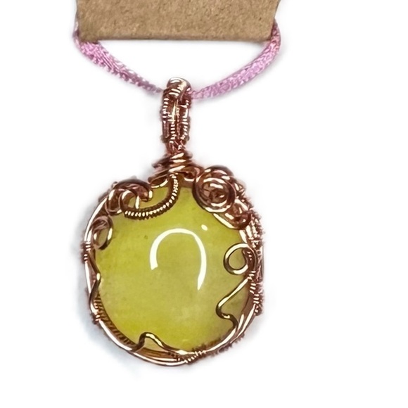 Yellow glass pendant cab wire wrap copper hand made no chain - Picture 1 of 8